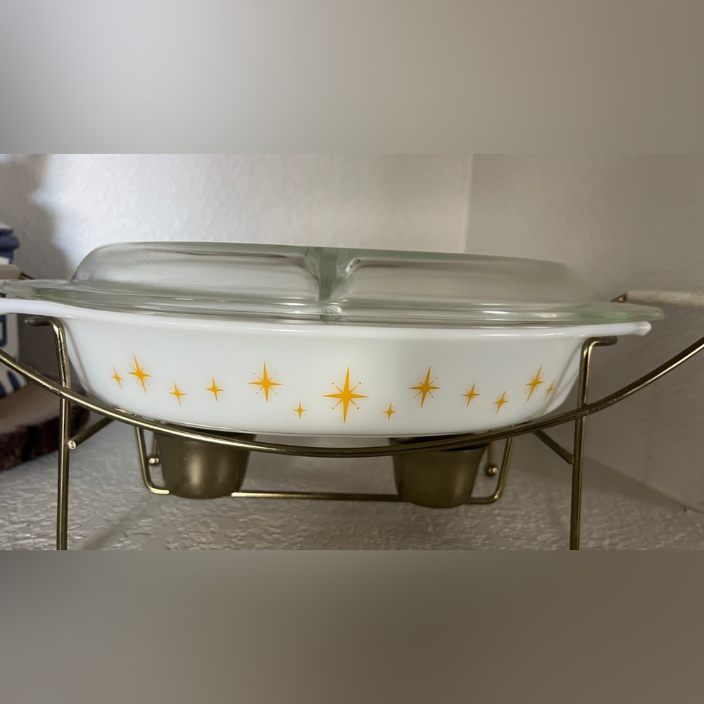 Vintage Pyrex Constellation Atomic Starburst Divided Dish Lid & Warming Stand - Picture 2 of 7